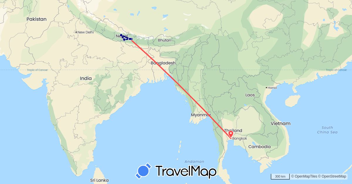 TravelMap itinerary: driving, hiking in Nepal, Thailand (Asia)